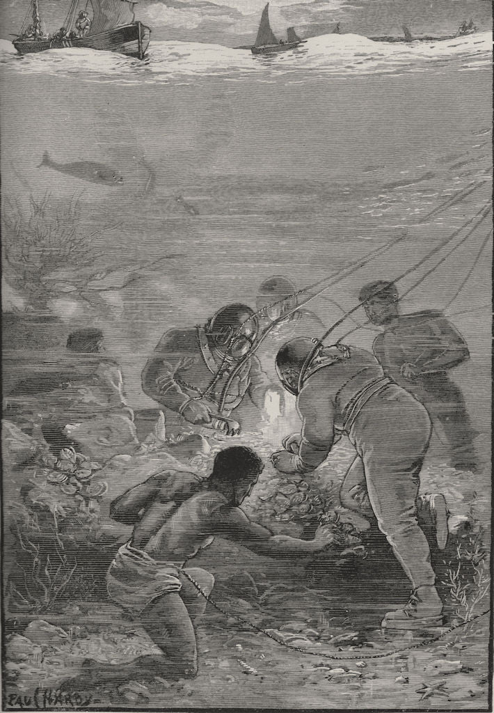 Pearl Divers at Work. Great Barrier Reef. Australia 1890 old antique print